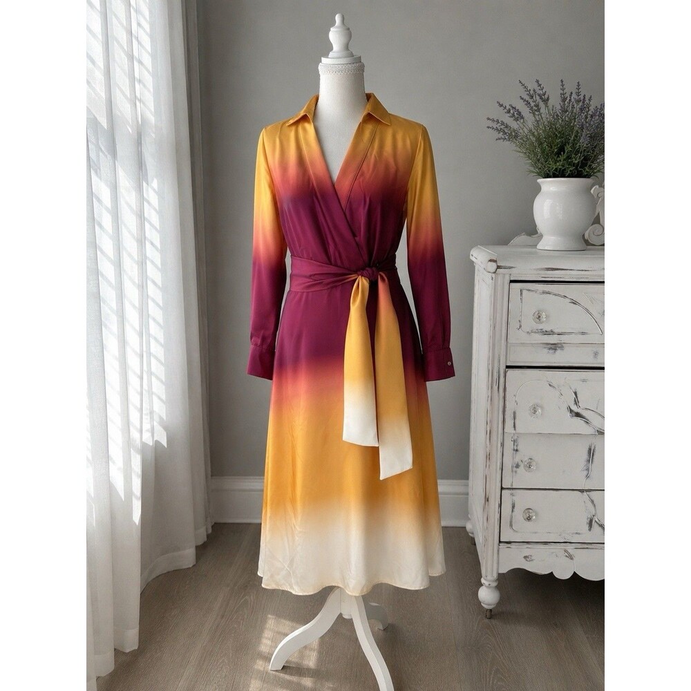 Tahari ASL Size 6 Ombre Satin Midi Shirtdress Tie Waist Burgundy Gold NWT